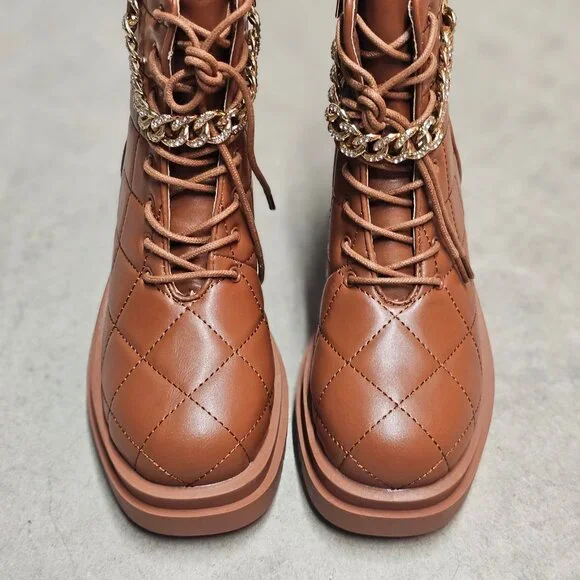 Quilted Faux Leather Lace-Up Combat Boots With Gold Chain Accent - Brown - Picture 8 of 11